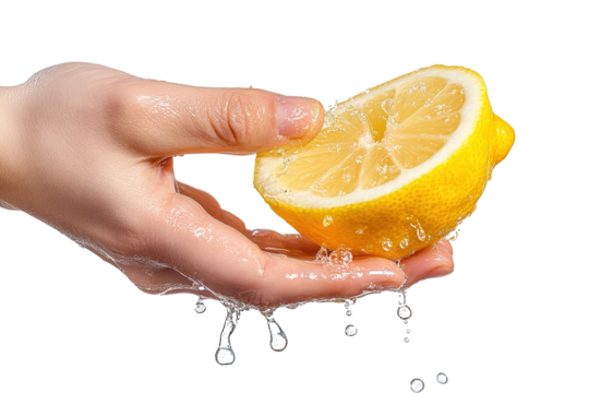 A hand holding a lemon. ,on transparent background.