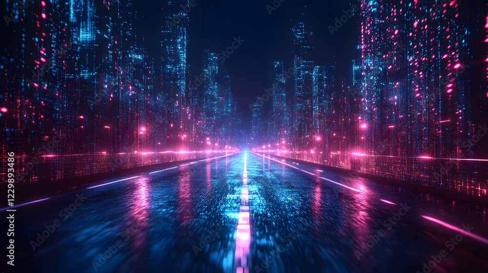 Aufkleber a futuristic cityscape with neon lights reflecting on a wet road, creating a vibrant and immersive a