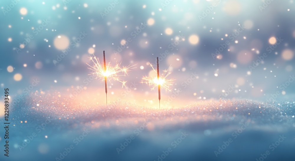 Aufkleber two sparkling sparklers illuminating a soft snowy background with distant bokeh lights creating a dr