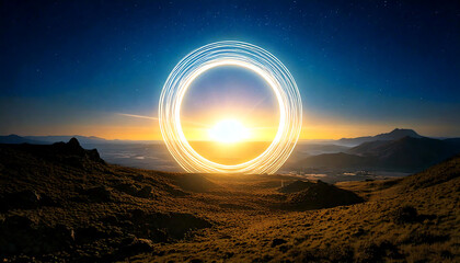 Stunning sunrise over a vast, rolling landscape. A luminous, swirling light ring frames the rising sun, creating a mystical, otherworldly scene.