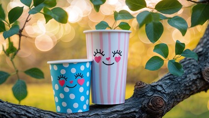 Fototapeta premium Sweet Paper Cups With Faces on Branch Bokeh Background Outdoor Nature Scene