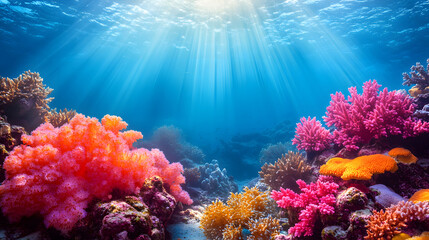 Vibrant underwater scene featuring colorful coral reefs illuminated by sunlight filtering through the water