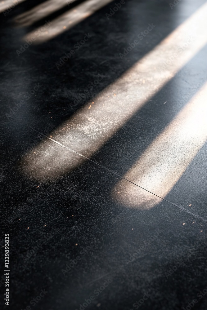 Poster A polished black floor is illuminated by a bright spotlight, creating a captivating double-light effect with soft gradients that enhance the reflective surface, ideal for displaying text