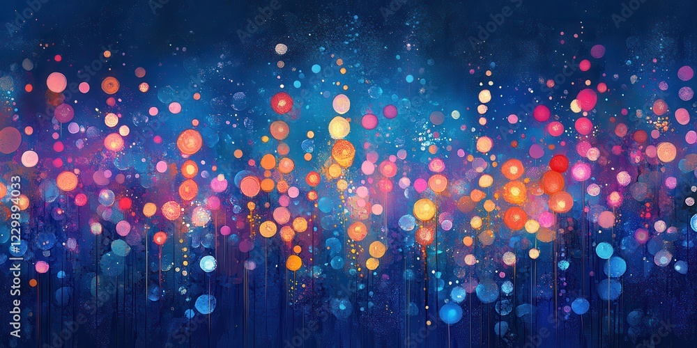 Poster vibrant abstract art with colorful dots and bokeh effect on a dark background for use in digital or 