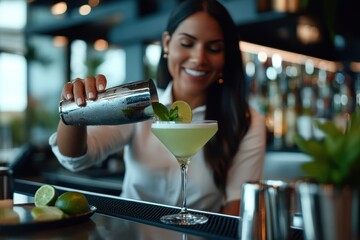 A smiling woman expertly pours a cocktail, showcasing her bartending skills in a sleek bar setting that highlights the sophistication of modern nightlife.