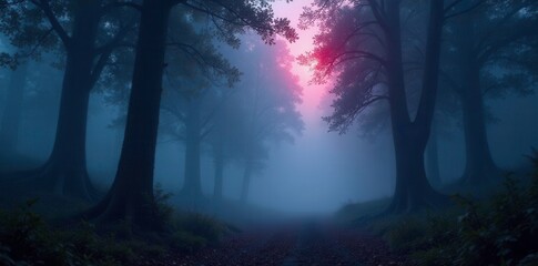 Fototapeta premium Trees and fog in a mystical forest atmosphere, eerie, humid