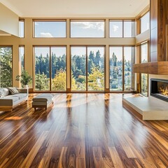 inviting luxury living room with polished hardwood floors and a cozy fireplace, complemented by expansive windows that showcase a beautiful outdoor landscape