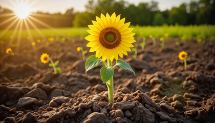 Vibrant sunflower blooming in golden sunlight in a fertile field, summer beauty
