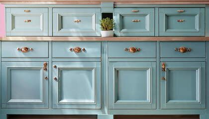 Fototapeta premium a duck egg blue kitchen cabinets paired with antique bronze hardware vintage style
