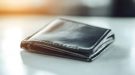 A black leather wallet resting open on a white table