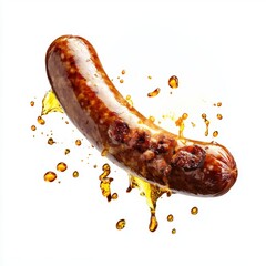 A glossy sausage flying with smoke and sizzling oil droplets, isolated on a white background