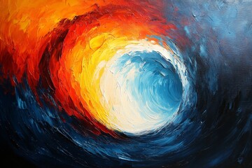 Vibrant whirlpool of colors depicting a dynamic ocean wave in a dramatic sunset setting