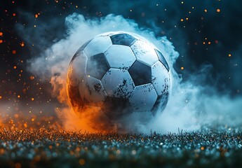 Fototapeta premium Soccer ball in the stadium field grass with white smoke place on ground grass black background