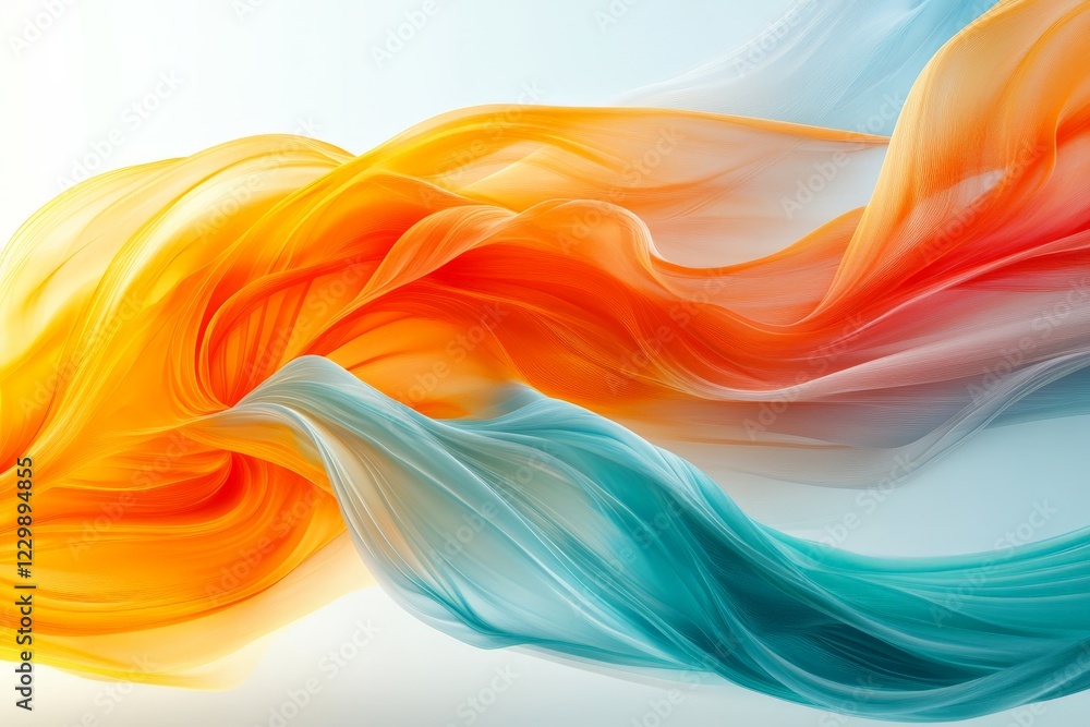 Poster Soft flowing fabric ribbons in warm orange and cool blue colors creating a dynamic visual effect
