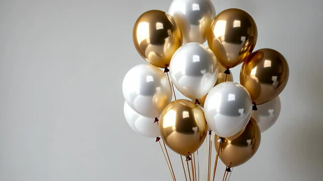 The cluster of balloons in gold and white, on a gray background.