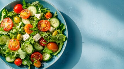 Food photography. Fresh salad with tomatoes, cucumbers, and greens in a blue bowl on a textured background.