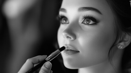 Obraz premium Close-up of a Woman Receiving a Lip Makeup Application