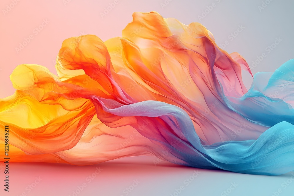 Poster Colorful flowing fabric draping gracefully to create a dynamic abstract composition in soft pastel tones