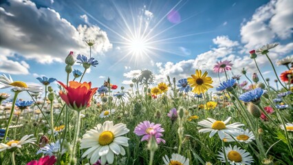 field of daisies of fresh colorful flowers on light pastel background. Festive flower