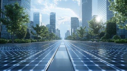 Fototapeta premium Eco-Friendly Cityscape, Sustainable Urban Avenue with Solar Panels