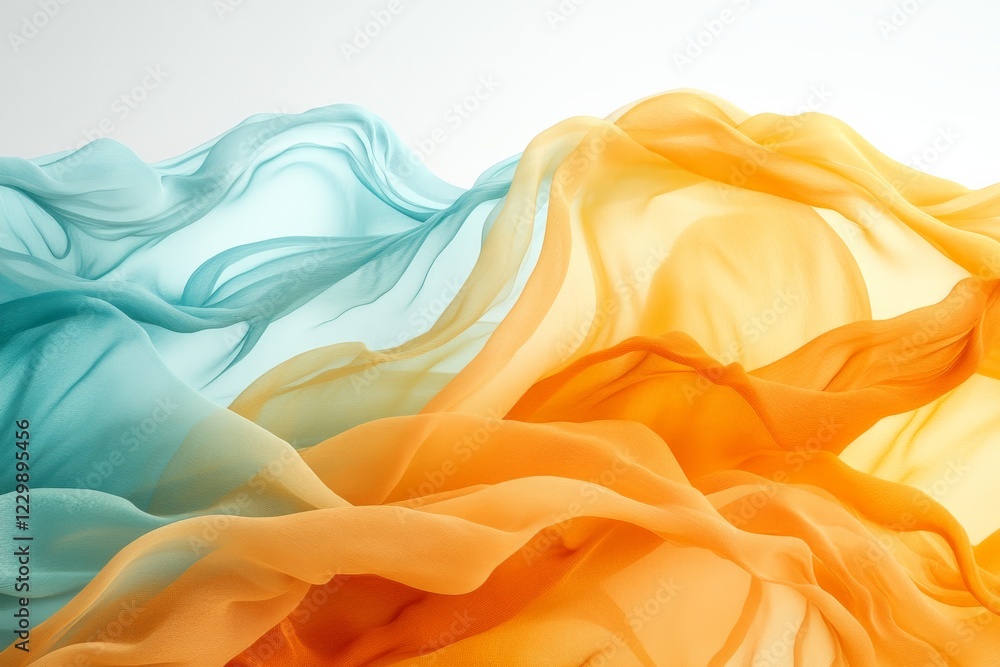 Poster Colorful silk fabric waves flow gracefully in soft light creating an artistic display of movement and texture