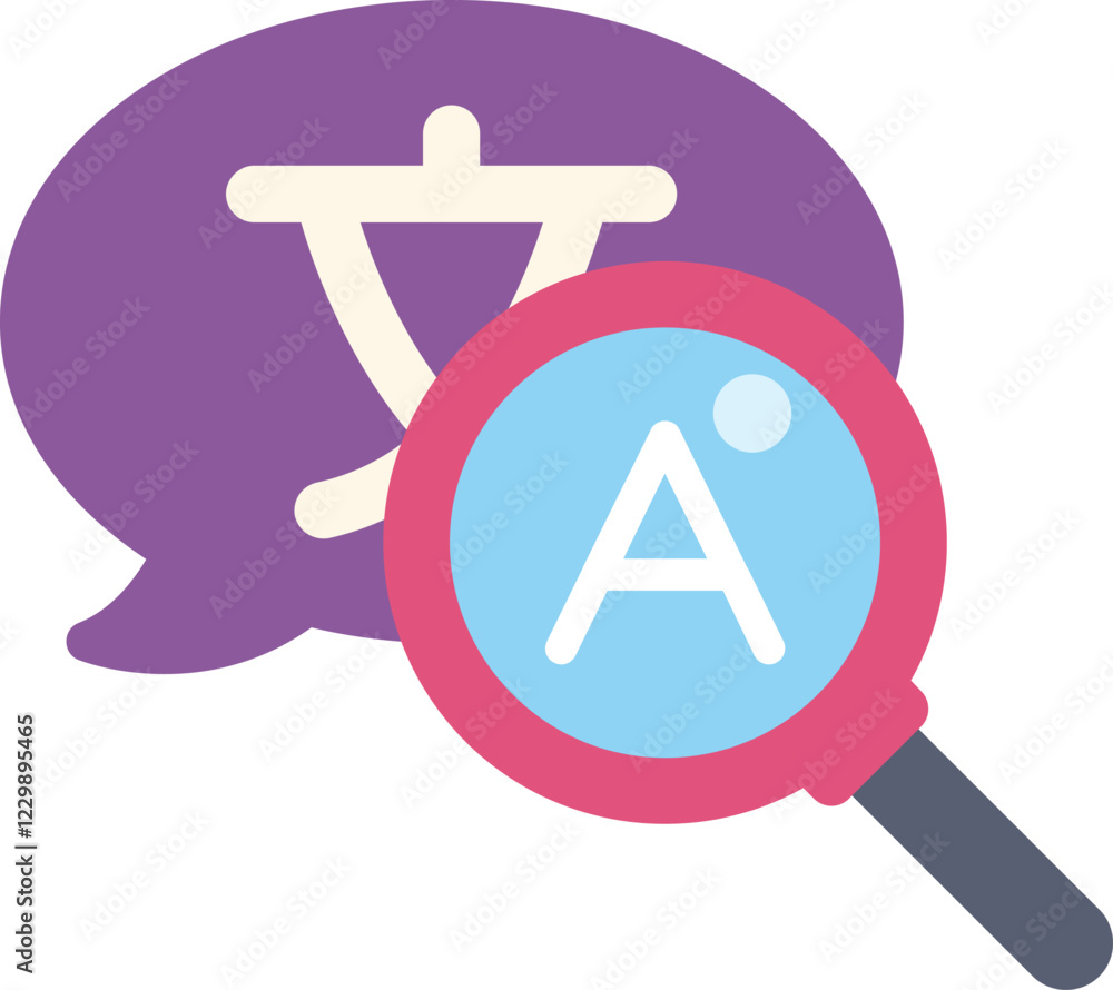 Poster magnifying glass analyzing foreign language with speech bubble symbol for translation service or lea