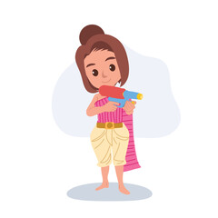 cartoon thai woman in traditional thai dress with water gun celebrating songkran festival