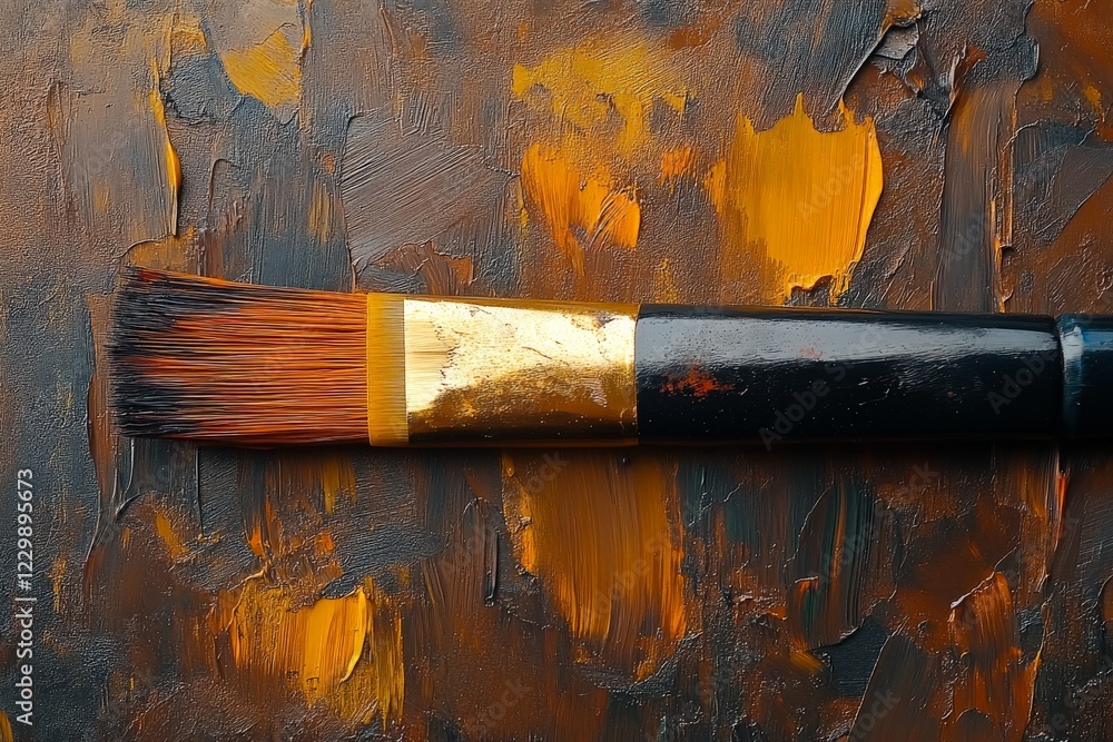 Aufkleber artist's brush resting on an abstract canvas painted with orange and dark tones in a studio setting