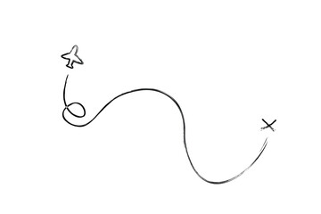 A simple black and white hand-drawn sketch of an airplane following a curved flight path towards a marked destination, symbolizing travel and navigation. 