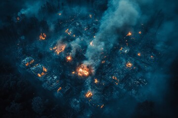 Fototapeta premium Severe destruction from a wildfire spreads through a rural community engulfed in flames during nightfall