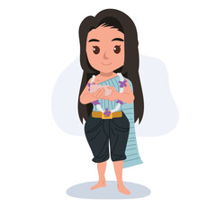 songkran festival illustration of a woman in traditional thai dress holding a water bowl and floral garland