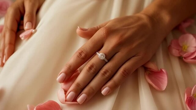 Beautiful and gentle hand of the bride with a wedding ring