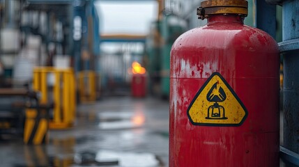 Fototapeta premium A close-up of a red flammable gas cylinder with warning symbols in an industrial yard.