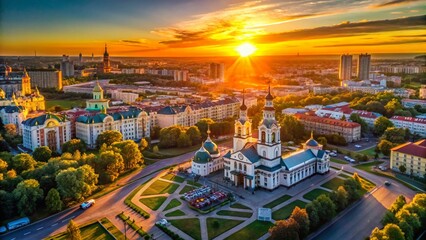 Naklejka premium Aerial Sunset View of Perm, Russia: Historic Architecture at Dusk - Drone Photography