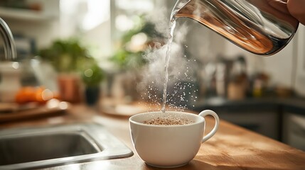 Pouring hot water into a mug with mushroom elixir powder in a cozy kitchen setting for a warm Valentines Day moment