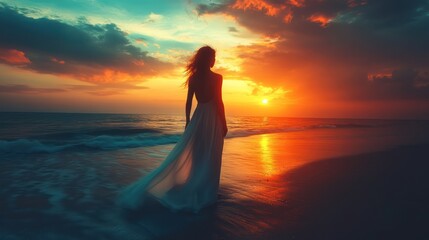 Fototapeta premium Woman in white dress at sunset ocean beach.