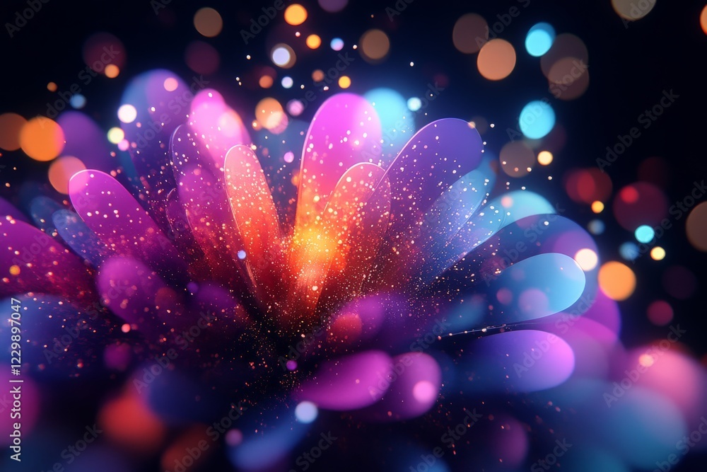 Poster Vibrant abstract flower with colorful bokeh effects in a dark setting creating a dreamy atmosphere