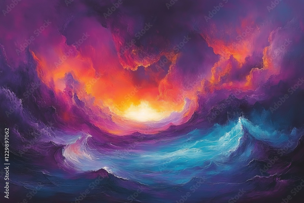 Poster vibrant sunset over turbulent sea with dramatic clouds and waves creating a mesmerizing natural disp