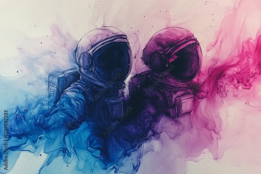 Poster two astronauts exploring vibrant cosmic colors in a surreal abstraction