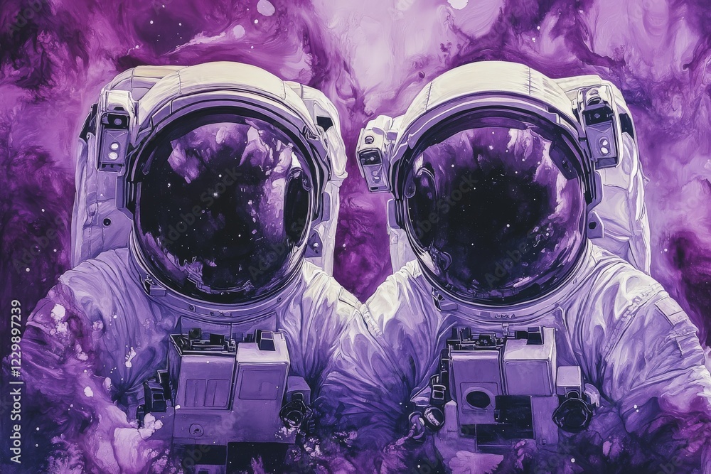 Poster two astronauts in space with purple cosmic background exploring the universe together
