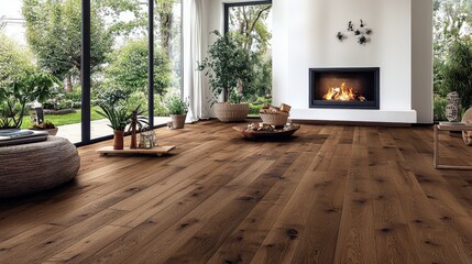 inviting luxury living room with polished hardwood floors and a cozy fireplace, complemented by expansive windows that showcase a beautiful outdoor landscape