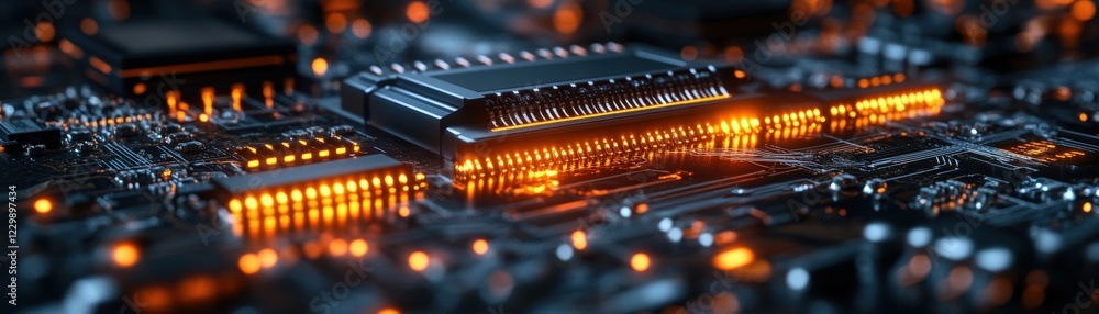 Poster close up image of a computer processor with illuminated orange lights on a dark background