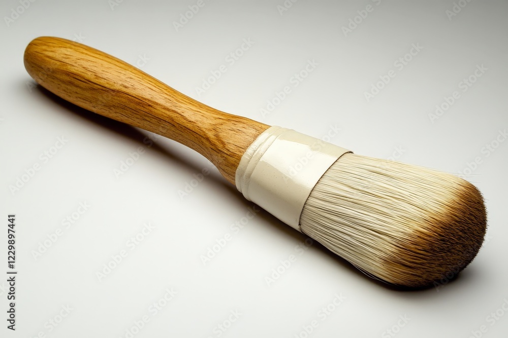 Poster Brush with wooden handle resting on a plain background showcasing its fine bristles and craftsmanship at a creative workspace