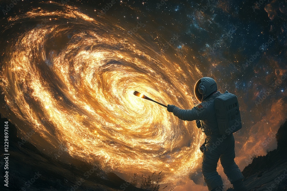Aufkleber astronaut explores a swirling galaxy with a glowing tool in a celestial landscape