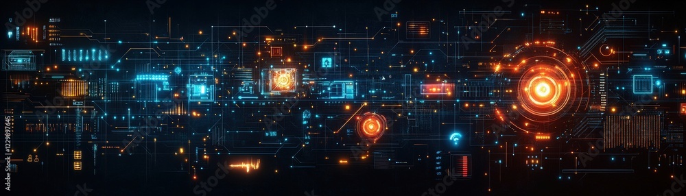 Poster close up of a computer circuit board with a glowing red light illuminating the electronic components