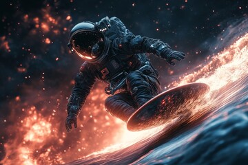 Fototapeta premium Astronaut surfing on lava in a dramatic extraterrestrial landscape at sunset
