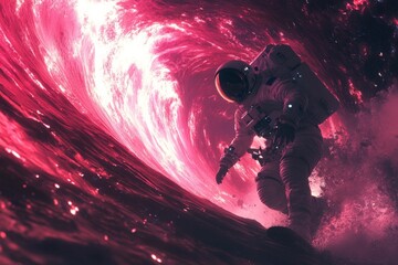 Astronaut surfing on a cosmic wave with vibrant colors in an otherworldly setting