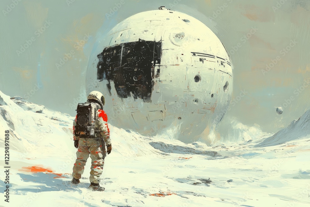 Poster Astronaut explores alien world with giant mysterious sphere in a frozen landscape