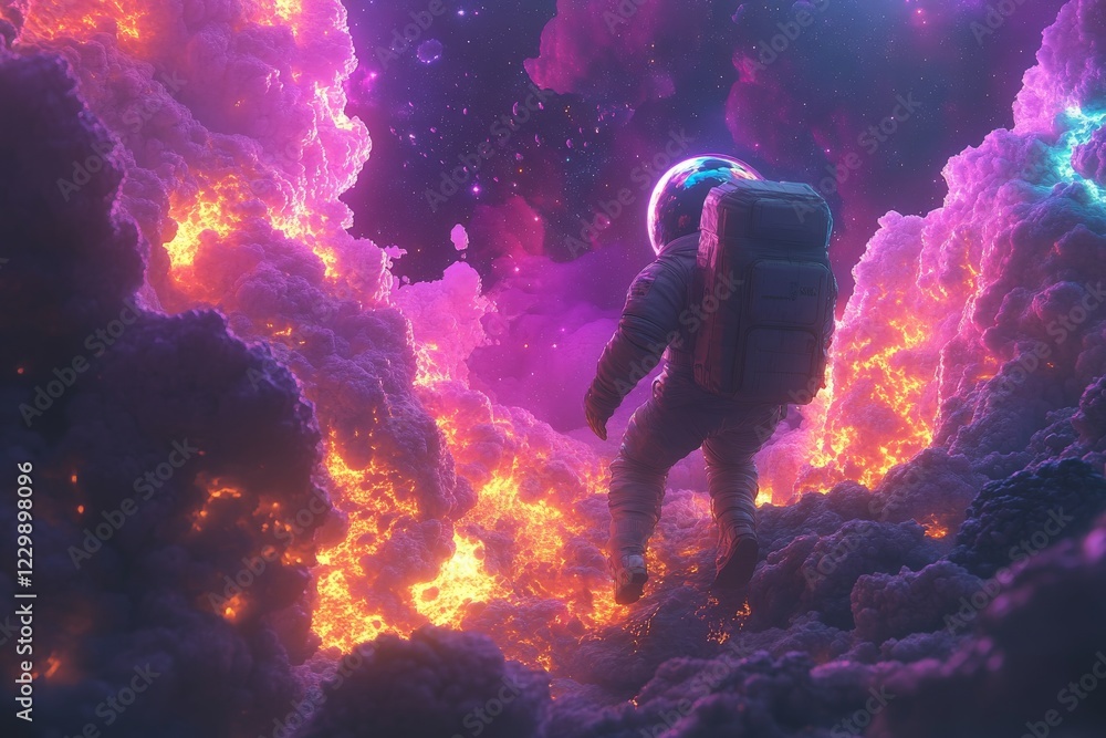 Poster astronaut explores a vibrant cosmic landscape filled with colorful clouds and glowing gases in deep 