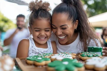 Fototapeta premium A joyful mother and daughter smiling together while decorating vibrant cookies, capturing the essence of family bonding and sweet moments in life.